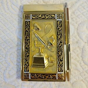 Vintage Spanish Pocket Size Brass Golden Embossed Telephone Case and Pen set